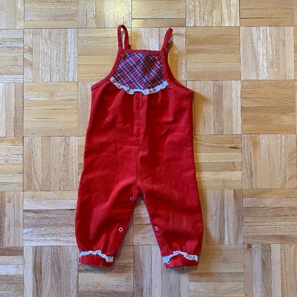 Vintage 80s Toddler Orange/Red and Plaid corduroy romper, Kids Onesie Jumper - Picture 1 of 7